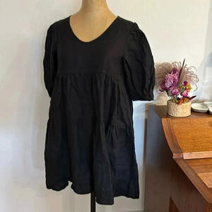 Dissh sz S black linen 1/2 sleeve long tunic or baby doll dress linen great cond
